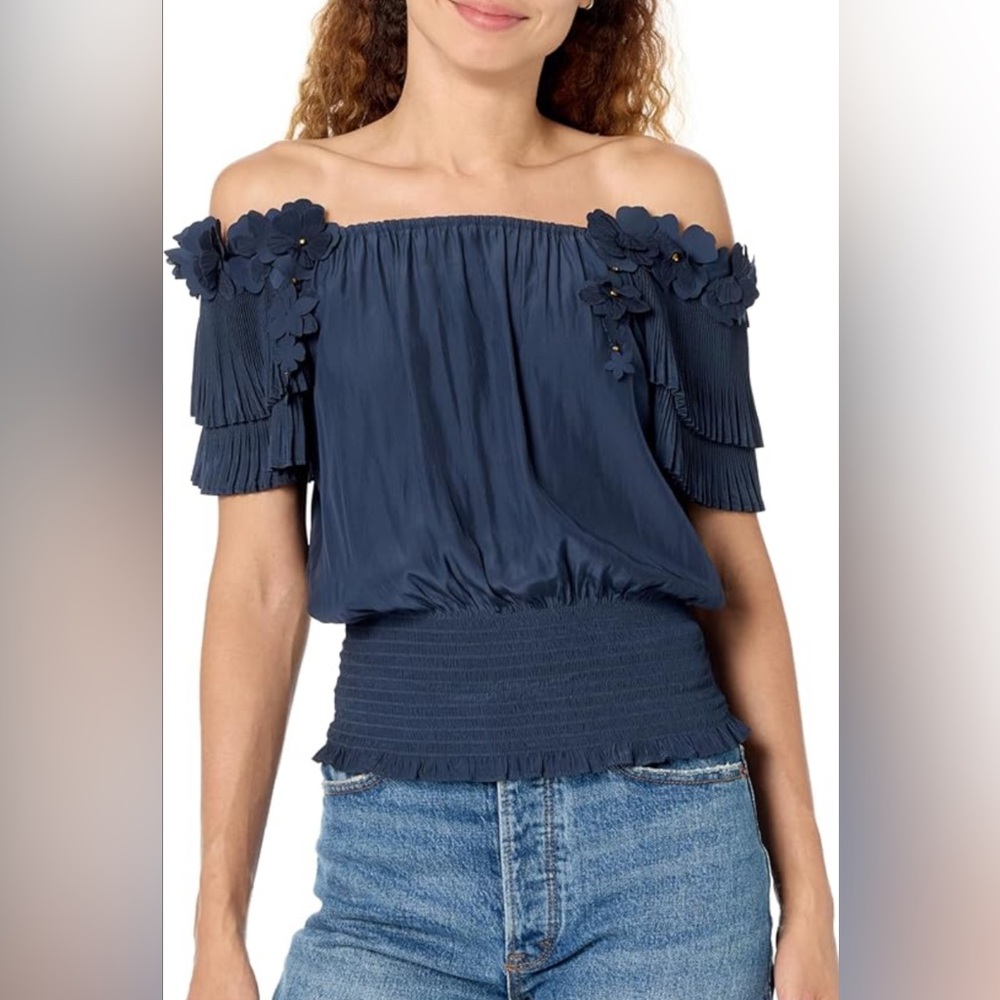 Ramy Brook Navy Floral Off-Shoulder Blouse